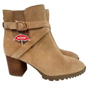 NEW Blondo Tamzin Waterproof Suede Camel Tan Ankle Booties Buckle Block Heel 10M